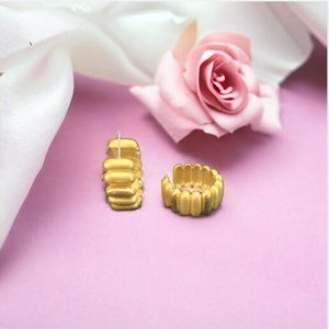 Gold-Toned Post Earrings, Hoops with Elongated Bead Shape, Small and Wide